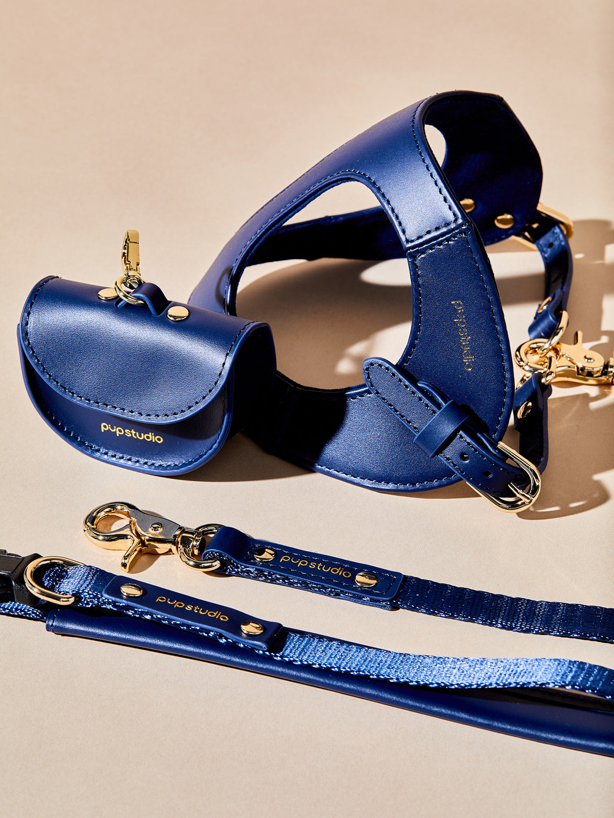 Leather Harness With Wearable Lead And Poop Bag Carrier