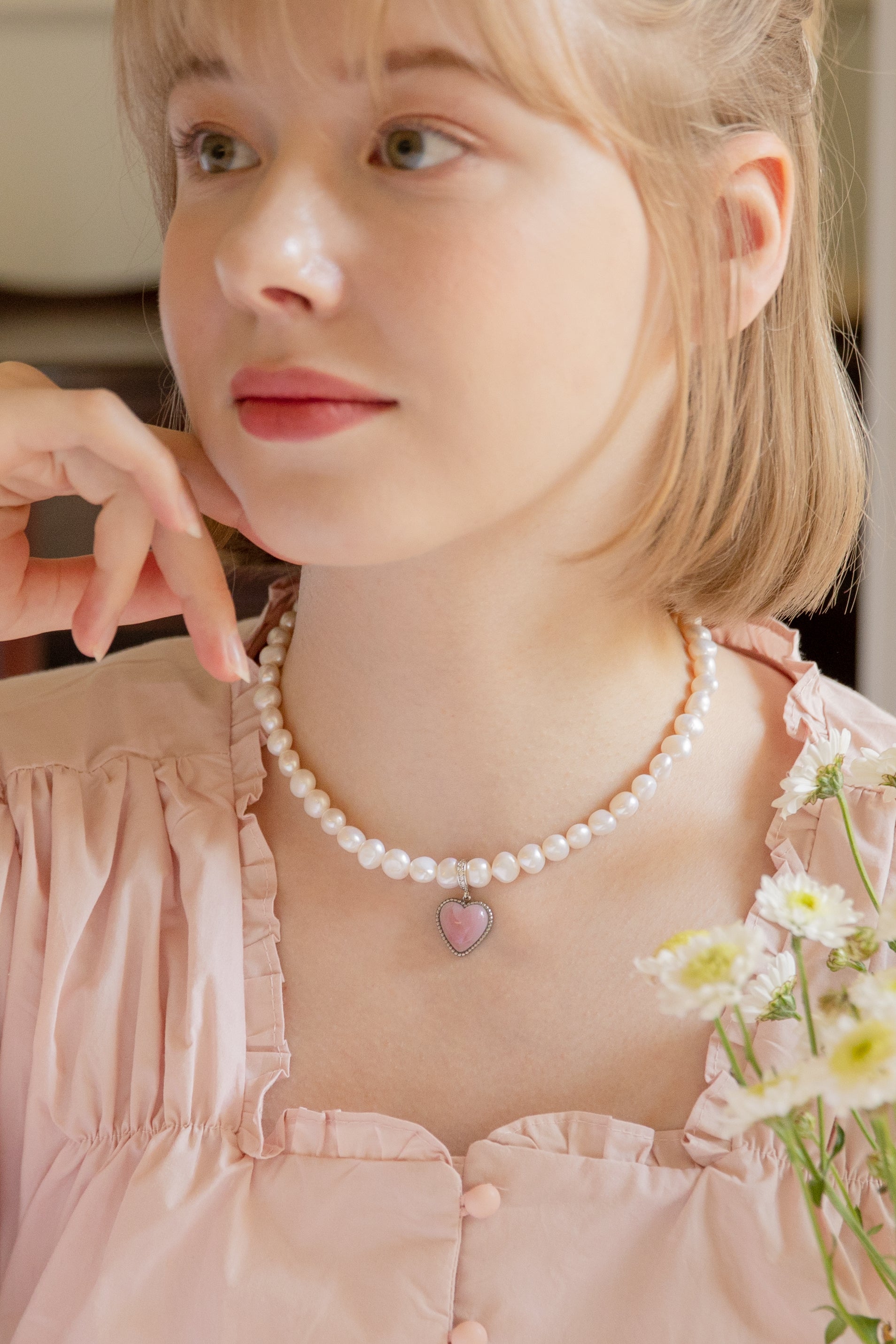 Puff heart natural freshwater pearl name tag necklace(Owner)