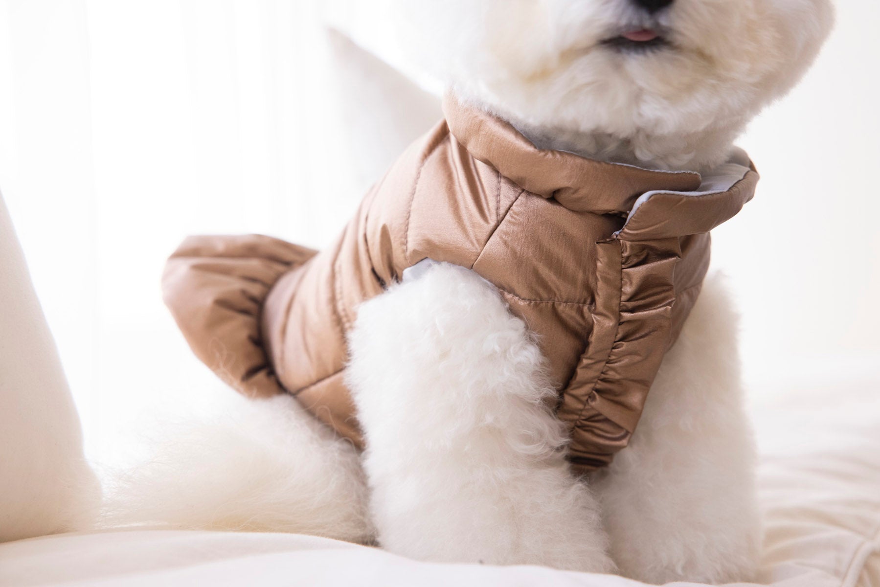 Shiny frill puffer jacket (Brown)
