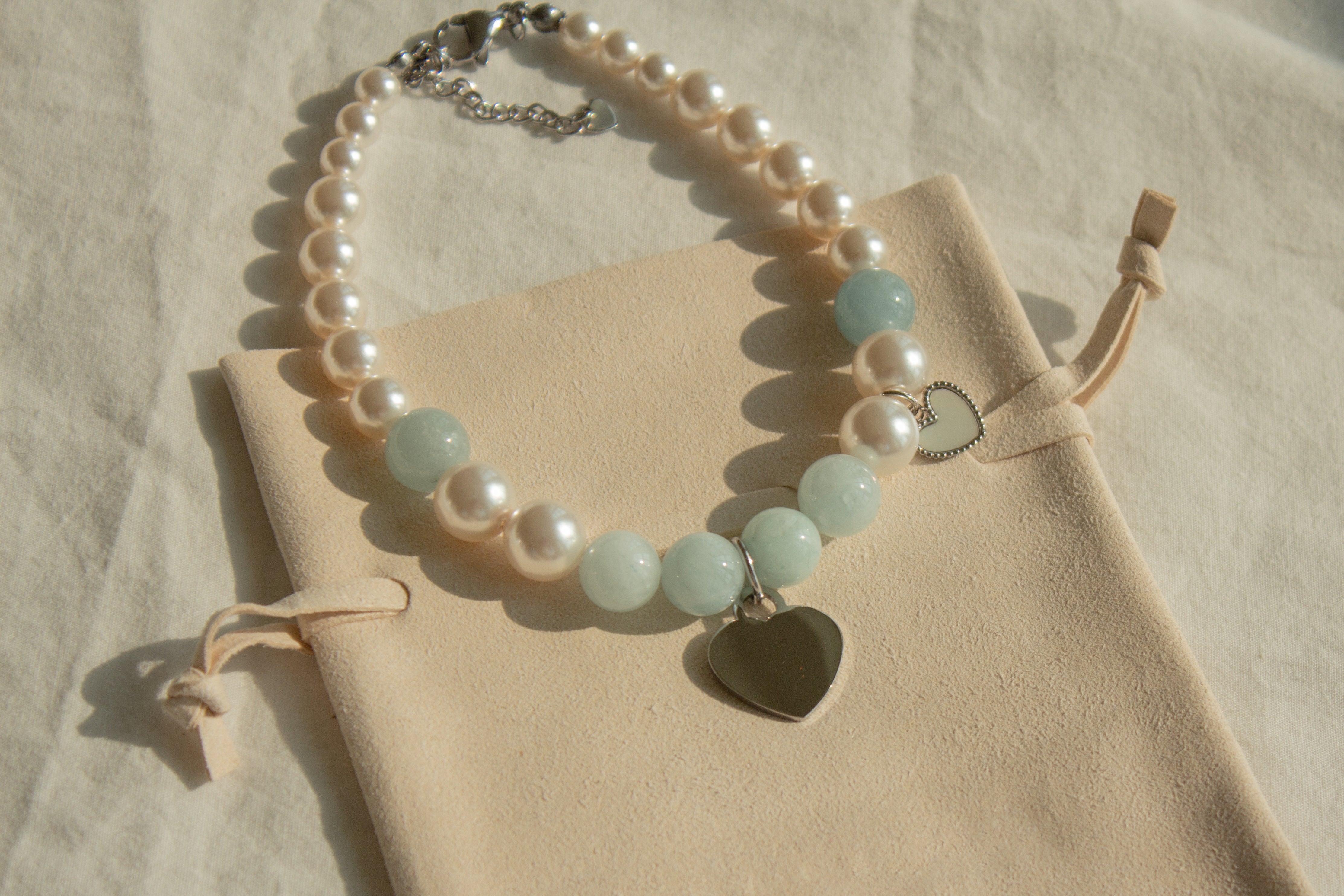 Natural gemstone and swarovski pearl name tag  necklace(Pet)